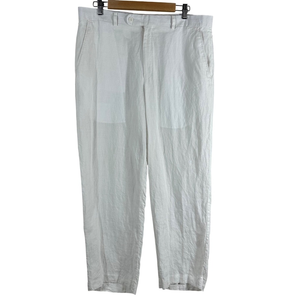 Savile Row Co London Mens White Linen Trousers  Straight Leg Pants 35x26